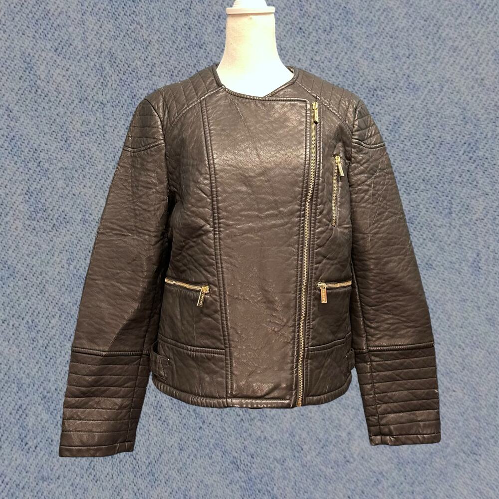 Calvin Klein Women’s Black Faux Leather Moto Jacket – Size Large